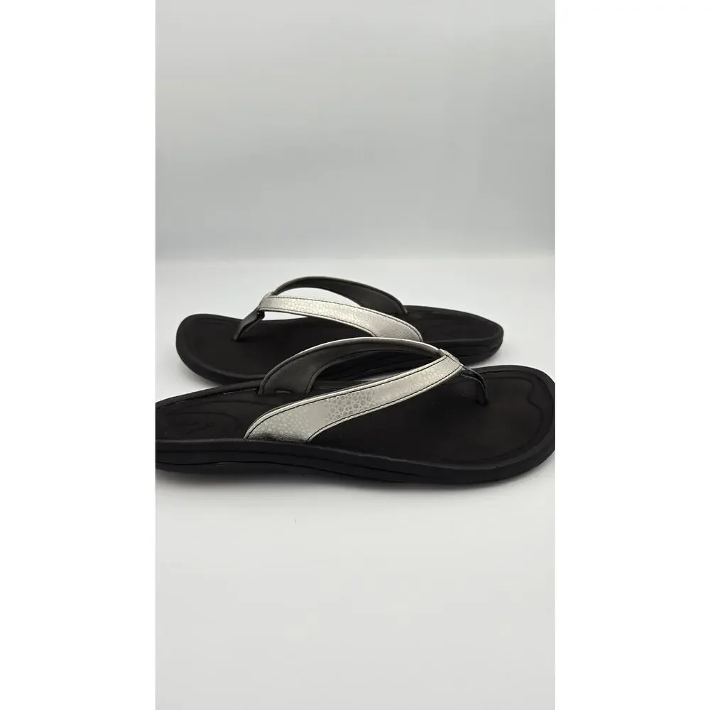 Olukai Kulapa Kai Womens Thong Sandals Flip Flops Black Silver Metallic Size 11